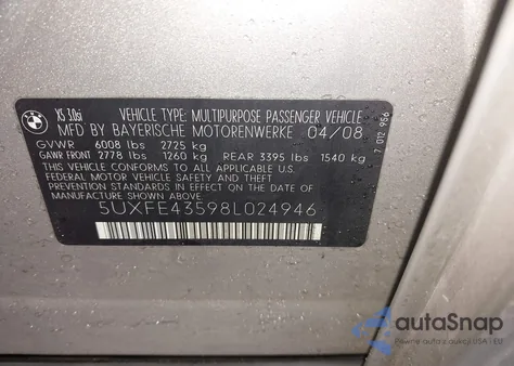 2008 BMW X5 3.0Si z USA, uszkodzony, nr VIN 5UXFE43598L024946